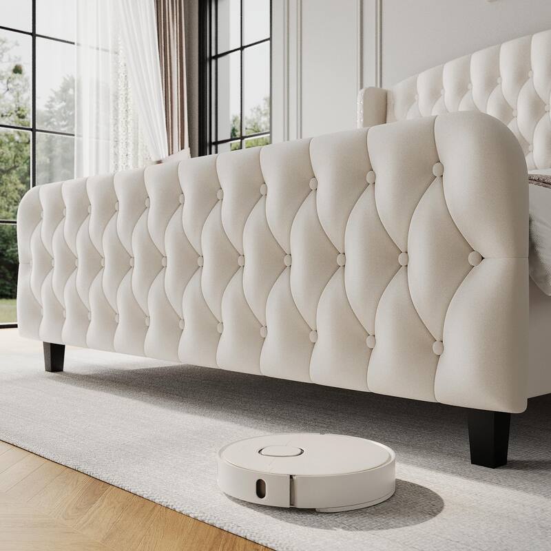 51" Tall Queen Size Bed Frame with Deep Button Tufted Wingback Headboard and Footboard