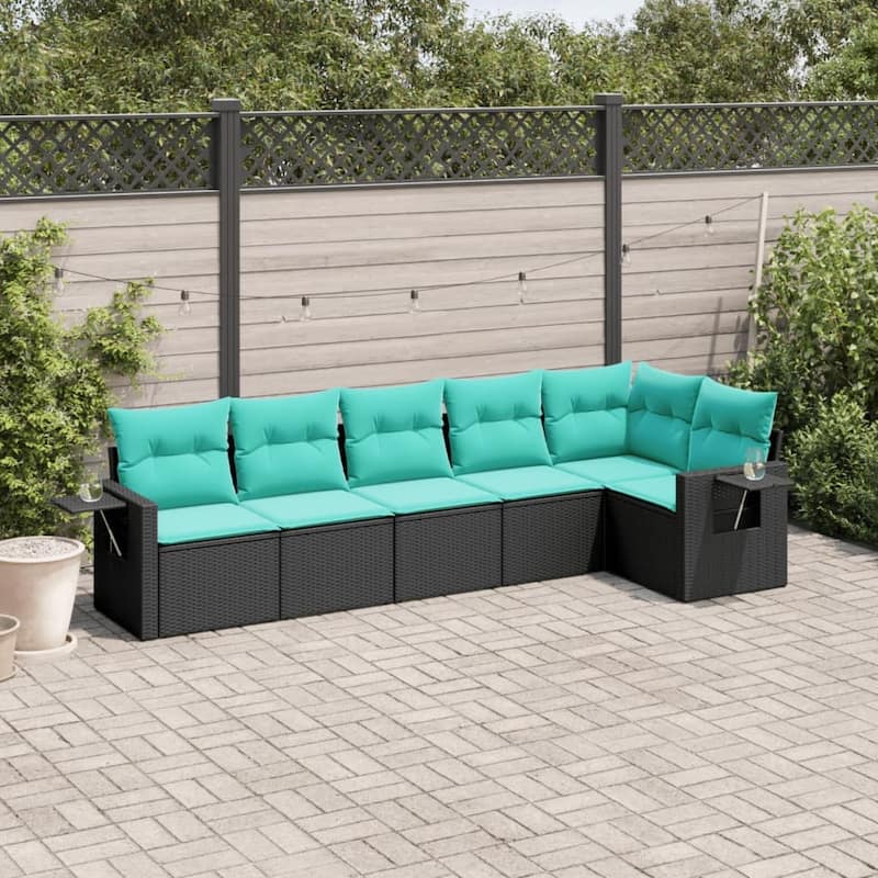 vidaXL 6 Piece Patio Sofa Set with Cushions Black Poly Rattan - 24.4x27.2x24.4-Without table