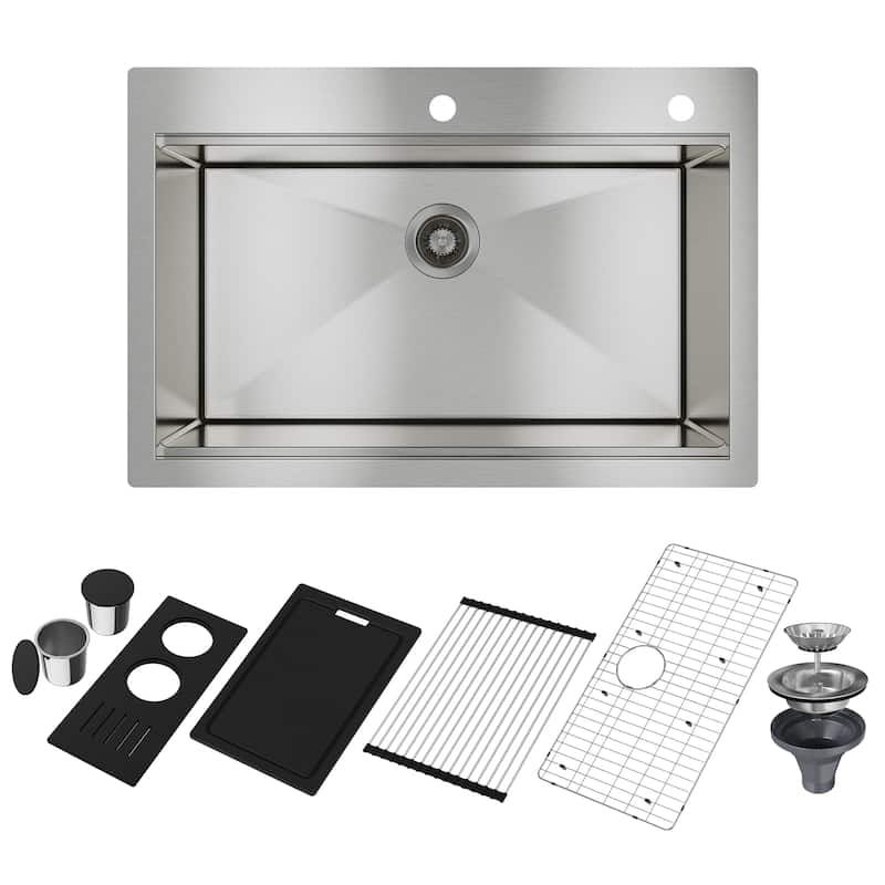 Handmade Drop-In 2-Hole Single Bowl 18 Gauge Stainless Steel Workstation Kitchen Sink with Ledge for Sliding Accessories
