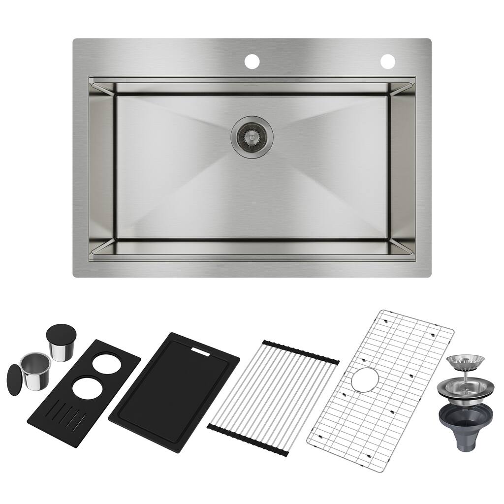 Handmade Drop-In 2-Hole Single Bowl 18 Gauge Stainless Steel Workstation Kitchen Sink with Ledge for Sliding Accessories