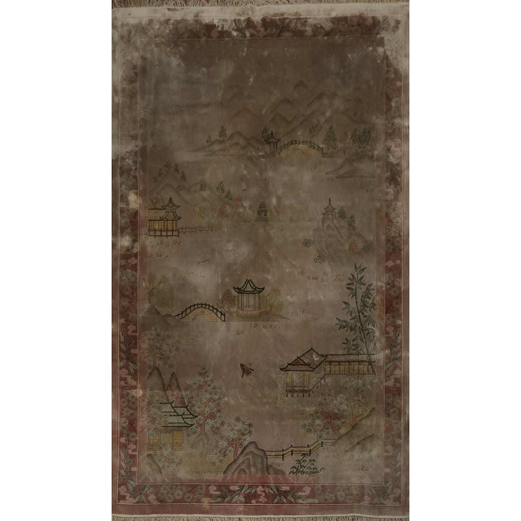 Hand Knotted Oriental Silk Carpet Traditional Pictorial Brown Art Deco Area Rug - 9' 2'' X 6' 0''