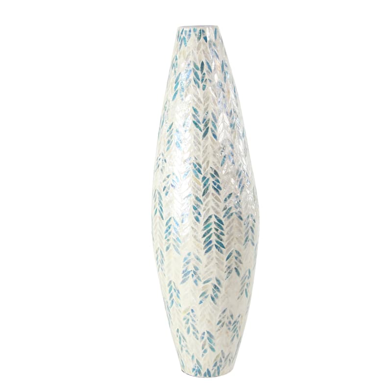 Mother of Pearl Shell Handmade Tall Mosaic Vase with Blue Accents - White - Roche River Decor - 10"W x 10"L x 33"H