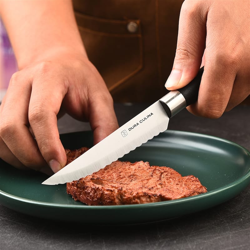 Dura Living 4-Piece Steak Knife Set - Micro-Serrated High Carbon Stainless Steel Blades, Black Handles
