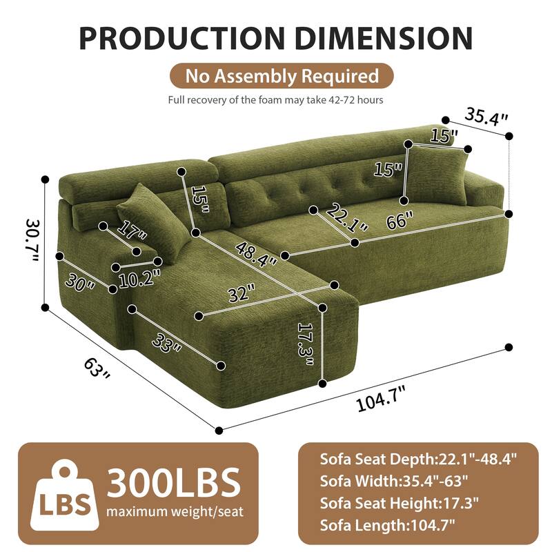 105" Chenille Sectional Sofa with Chaise Lounge & 2 Pillows