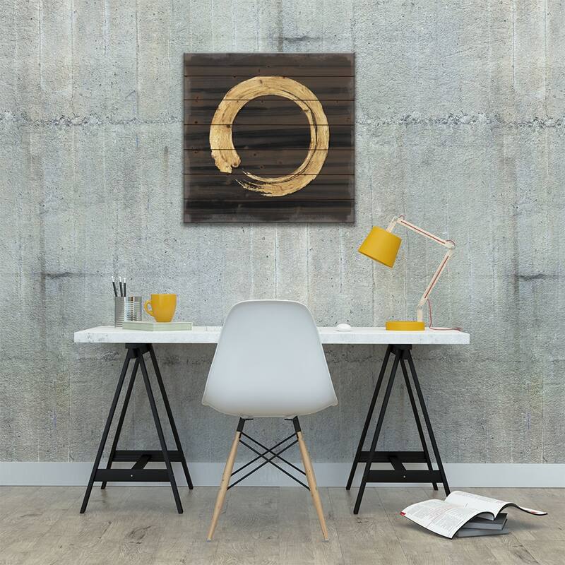 Gold Zen Circle On Black I Print On Wood by Ellie Roberts - Multi-Color