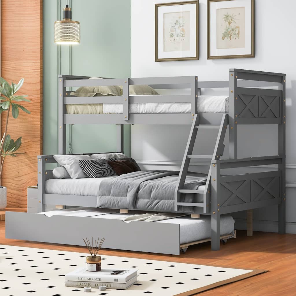 Twin Over Full Bunk Bed With Ladder, Twin Size Trundle, Safety Guardrail
