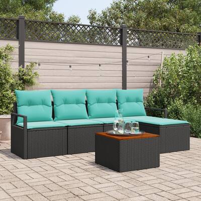 vidaXL 6 Piece Garden Sofa Set with Cushions Black Poly Rattan Acacia - 90.6×24.4×27.2
