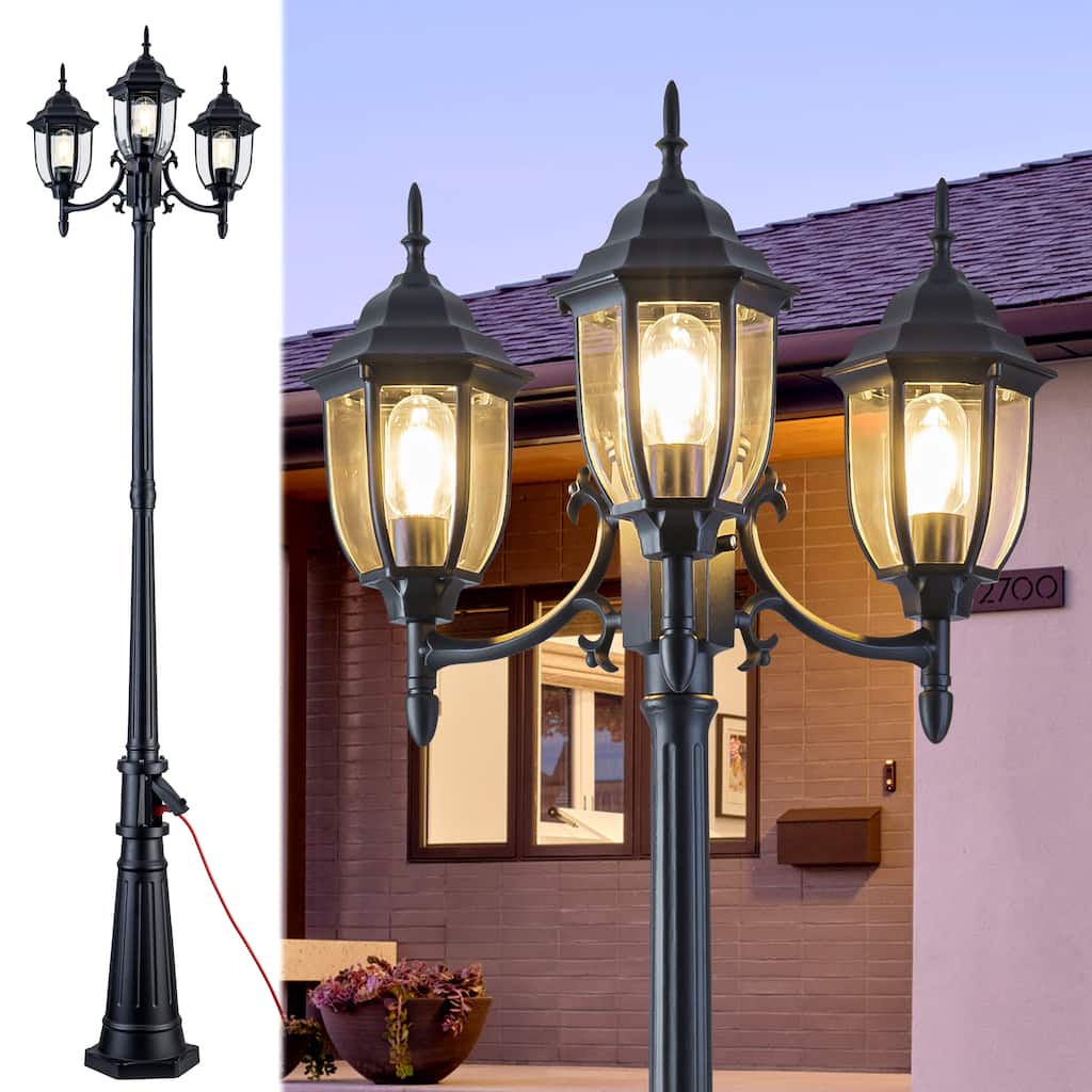 C Cattleya 89.5 inch Matte Black 3-Light Dusk to Dawn Outdoor Post Light with GFCI Outlet