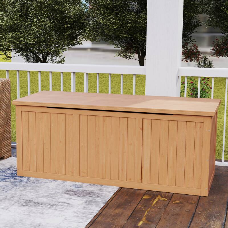 112 Gallon Outdoor Wooden Deck Box Solid Wood Storage Box Seat & Table Top for Patio Furniture Cushions, Pool Toys,Garden Tools