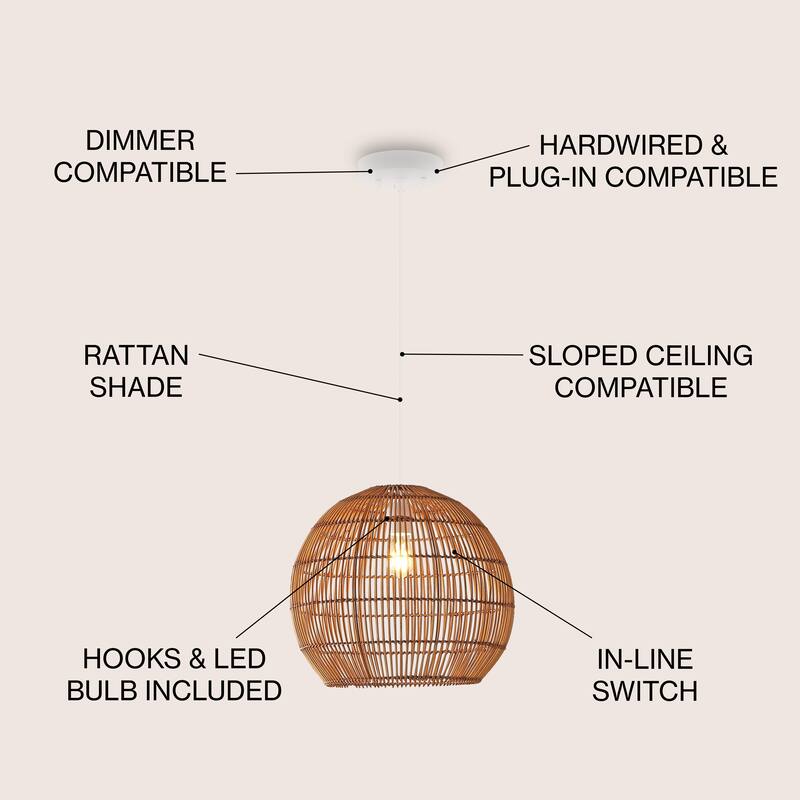 Lucas 1-Light Farmhouse Coastal 180" Cord Plug-In or Hardwired LED Pendant, by JONATHAN Y