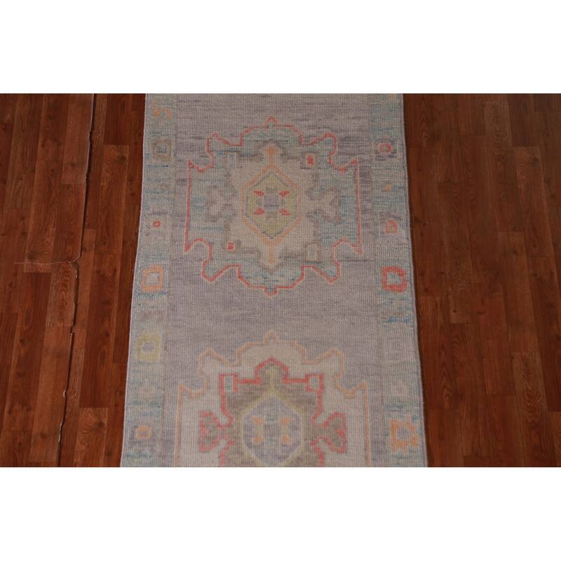 Hand Knotted Oriental 100% Wool Carpet Transitional Geometric Purples Oushak Runner Rug - 11' 11'' X 2' 10''