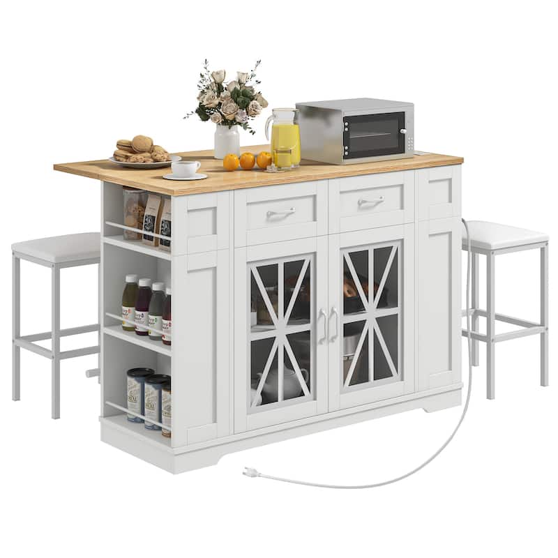 Moasis 47" Kitchen Island With Drop Leaf & 2 Bar Stools