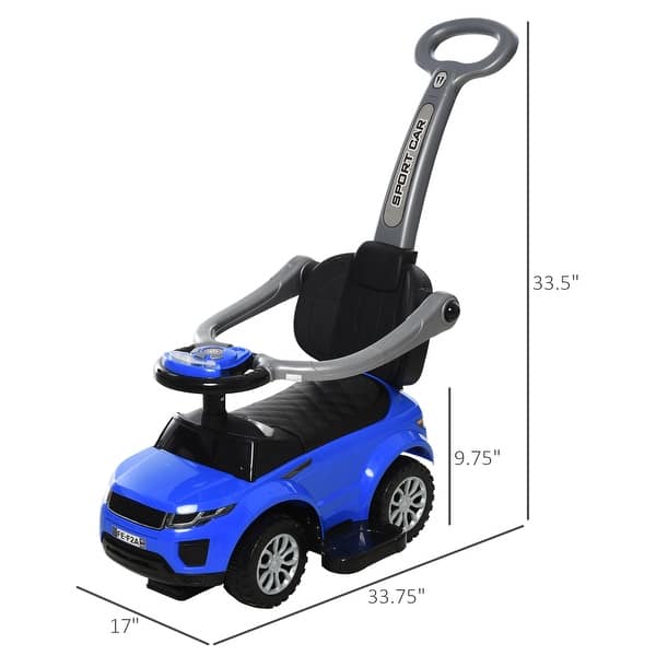 2-in-1 Ride-On Car Stroller for Kids with Real Steering, Music & Safety Footrest - Blue