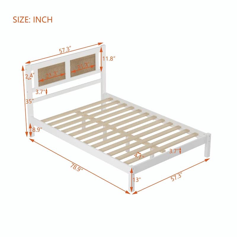 Wood Platform Bed with Natural Rattan Headboard, Elegant Minimalist Design