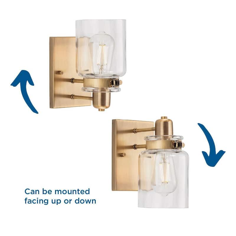 Calhoun Collection One-Light Vintage Brass Clear Glass Farmhouse Bath Vanity Light - 5 in x 6.875 in x 8.625 in