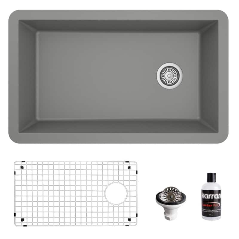 Karran Undermount Quartz 32 in. Single Bowl Kitchen Sink Kit - Grey