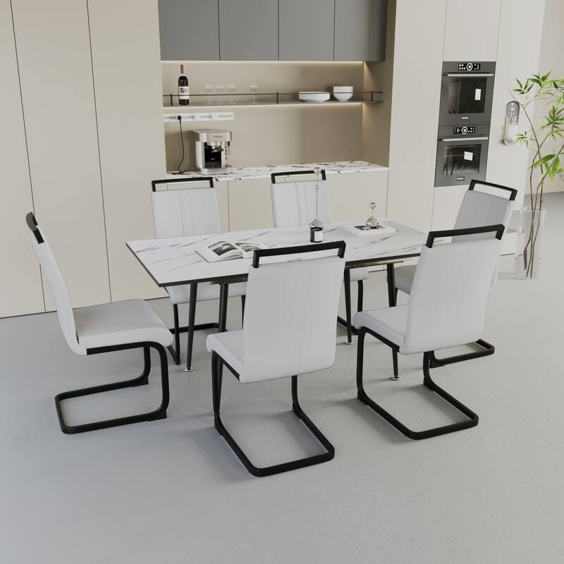 7-Piece Expandable Dining Table Set with C-shaped Tubular Cushioned Armless Chair, Scratch Resistant Plastic Feet