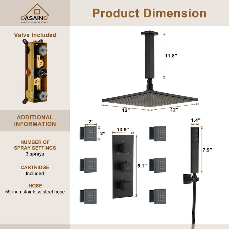 Celling 12 inch LED 3 Function Thermostatic Shower System with 6 Body Jets