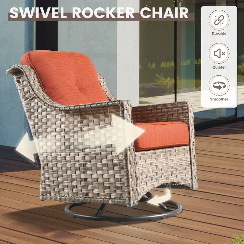 OVIOS 8 Pieces Outdoor Wicker Swivel Chair Set With Solar-Powered Coffee Table
