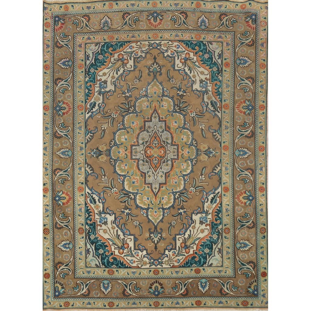 Hand Knotted Oriental 100% Wool Carpet Traditional Floral Brown Tabriz Area Rug - 6' 5'' X 4' 7''