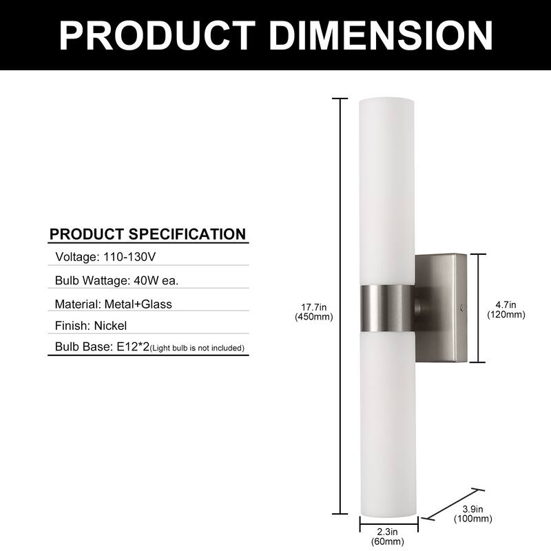 2-Pack Satin Nickel Double Linear Wall Sconce, White Glass Shades with E12 Base - 2.3*2.3*17.7