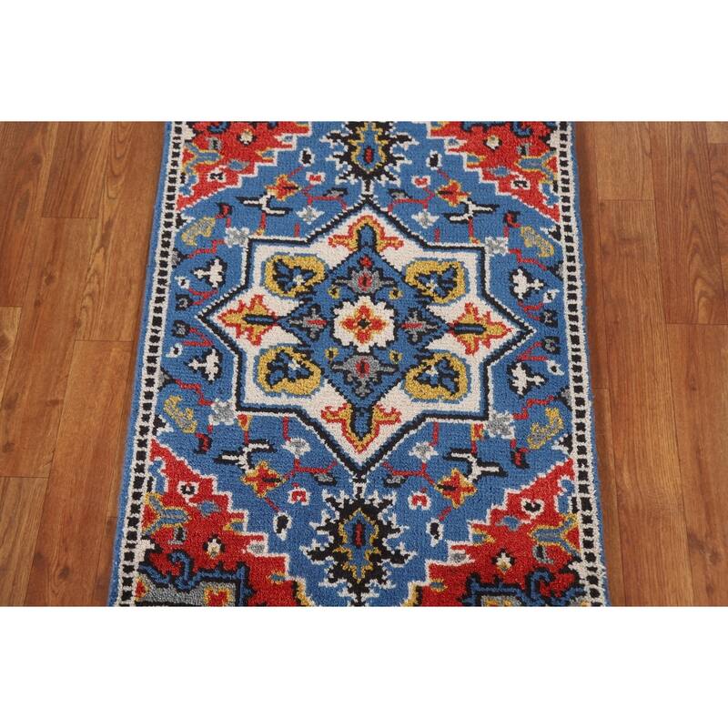 Blue Geometric Kazak Indian Rug Handmade Wool Carpet - 2'0"x 3'0"