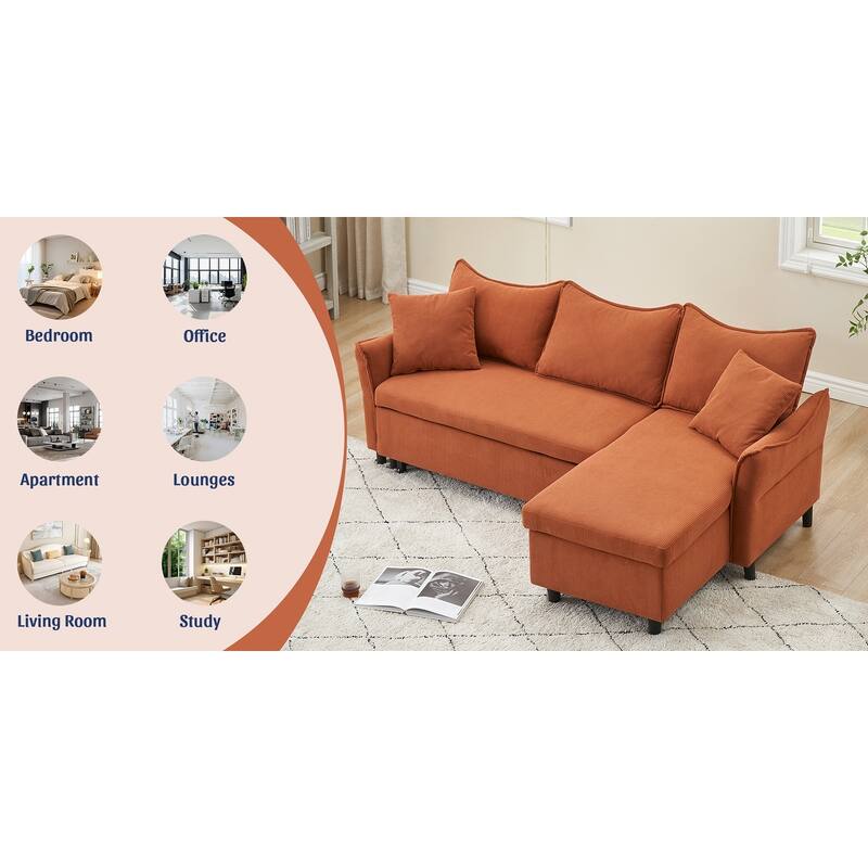 80-inch Gray Corduroy L-Shape Convertible Sofa Bed, Storage, 2 Pillows
