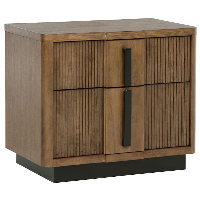 Reon Nightstand, 2 Drawers, Decorative Reeded Ash Brown Black Wood