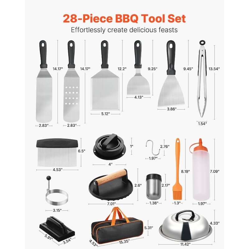 28-Piece BBQ Griddle Accessories Kit with Spatulas Meat Press Silicone Brushes and Hooks - 15.55” x 13.19” x 5.31”