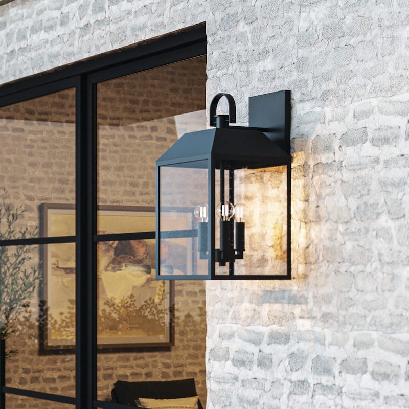 11.25"W x 22"H 4-Light Outdoor Square Rectangle Wall Lantern in Black with Clear Glass