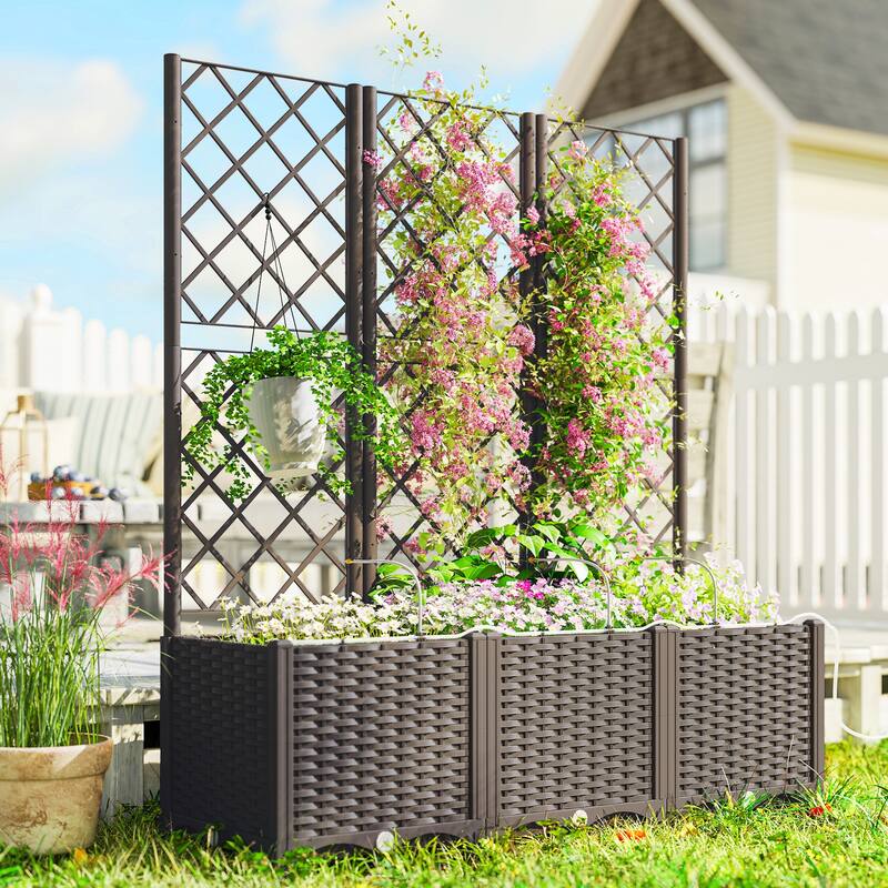 Outsunny 3PCS Plastic Planter Box with Trellis, Self-Watering Raised Garden Bed with Trellis ,Brown