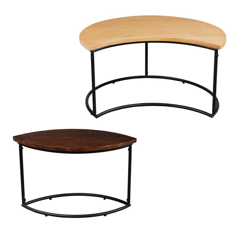 35 Inch 2 Piece Coffee Table with Black Iron Frame, 2 Tone Mango Wood Top In Natural Brown and Walnut
