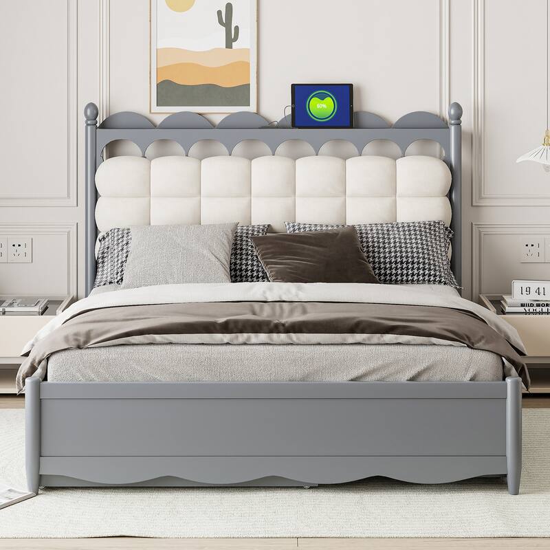 Queen Wooden Storage Platform Bed with Trundle, 2 Drawers, USB Sockets