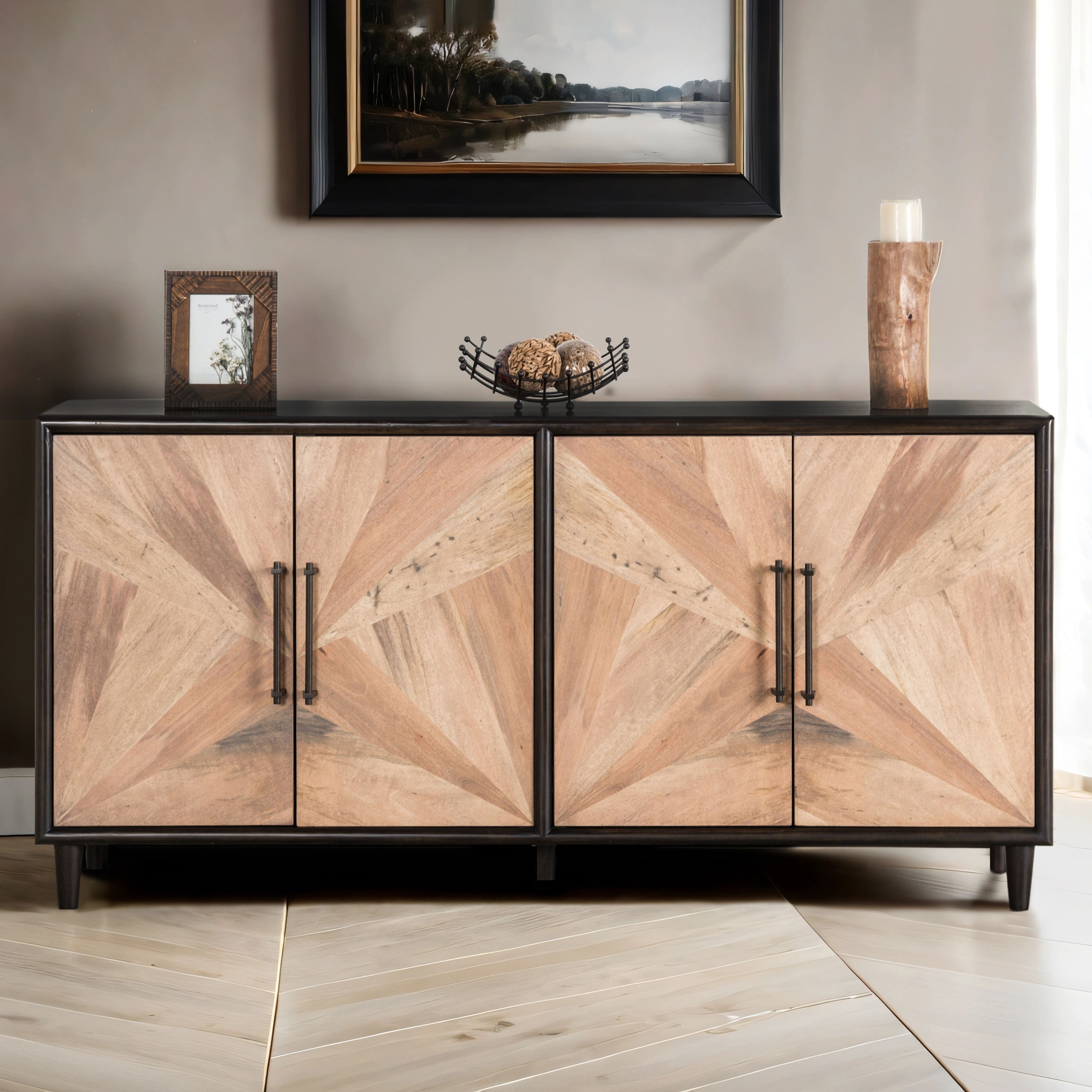 Furniture of America Marlowe Modern Farmhouse Black Natural 4-Shelf Solid Wood Dining Server Cabinet