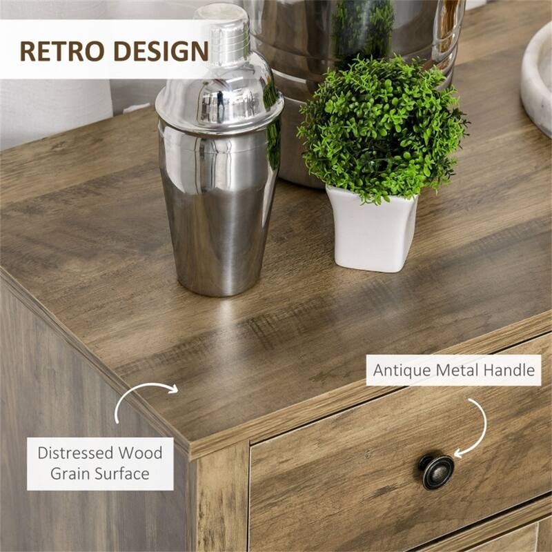 Rustic Oak Grain Sideboard with Drawers and Cabinets Wine Glass Storage MDF Furniture for Kitchen Dining Room Living Room