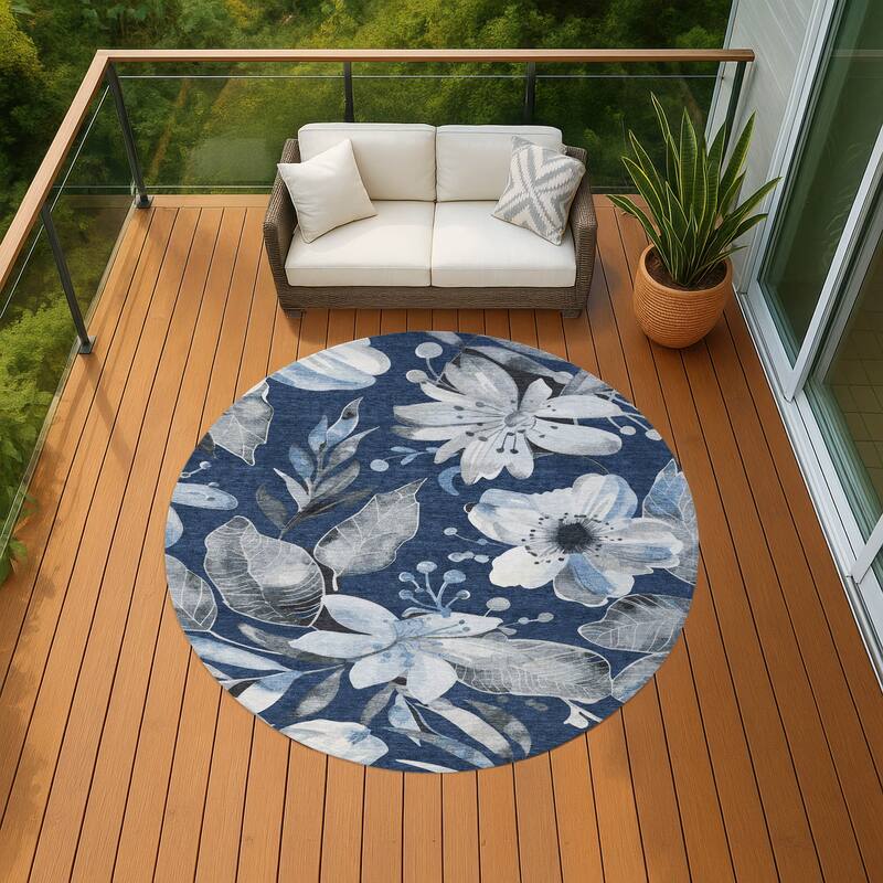 Machine Washable Indoor/ Outdoor Floral Chantille Rug - Navy - 8' x 8'
