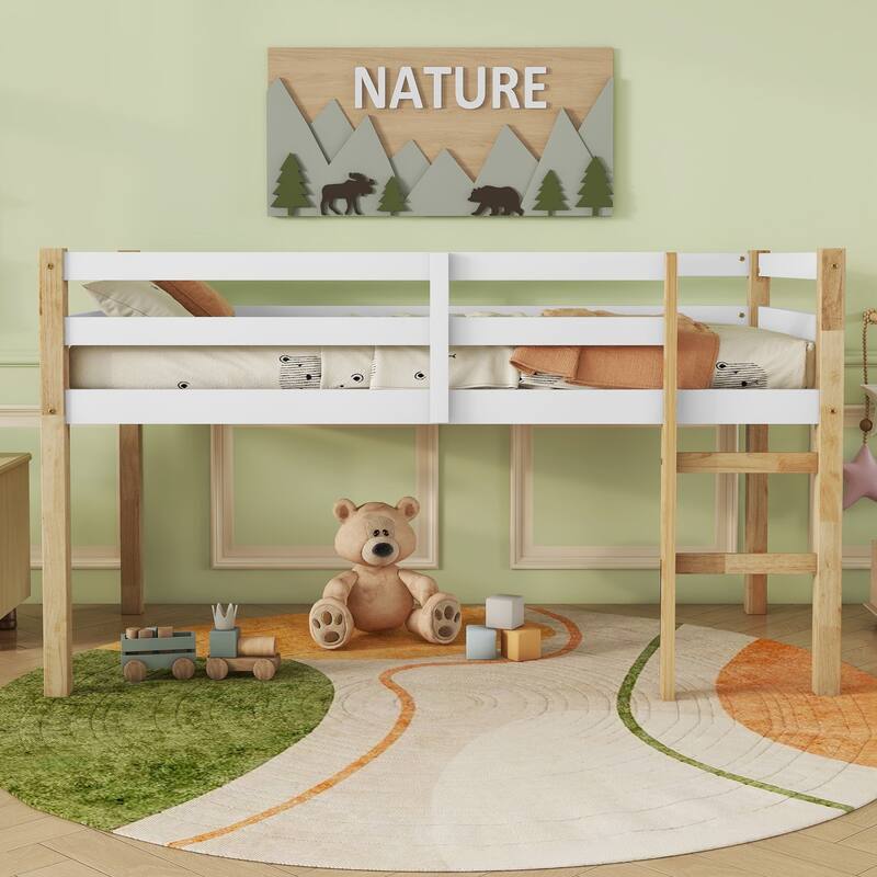 Twin Loft Bed in Natural-white with Rubber Wood Frame, Ladder, and Strengthened Slats for Maximum Support - Natural+White - Twin