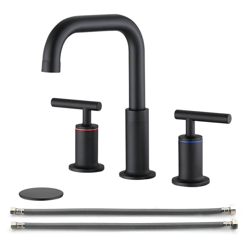 3 Holes Bathroom Sink Faucet With Drain Assembly 8 Inch Widespread Bathroom Faucets 2 Handle Modern Lavatory Basin Vanity Taps - Matte Black