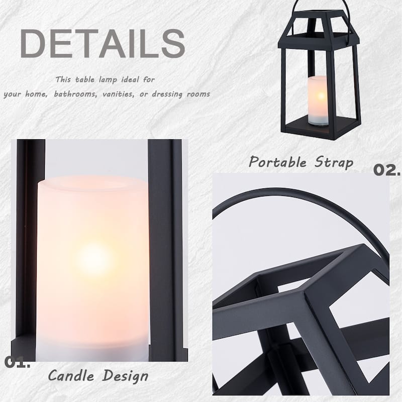 H13” Solar Outdoor Lantern with Flickering Candle Modern Metal Solar Lantern with Handle Hanging Light for Garden Deck - W7''