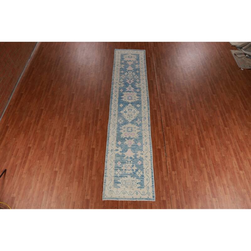 Hand Knotted Oriental 100% Wool Carpet Transitional Floral Navy Blue & Blues Oushak Runner Rug - 14' 5'' X 3' 1''