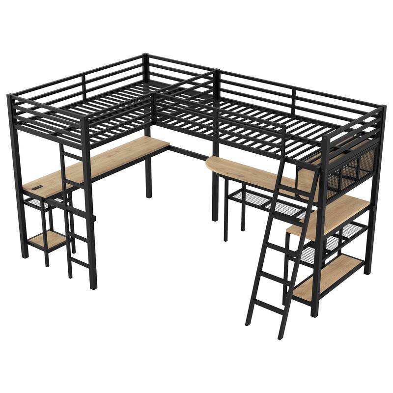 Roomfitters Metal Twin L-Shaped Loft Bed with 2 Desks, LED Lights and Charging Station, Black