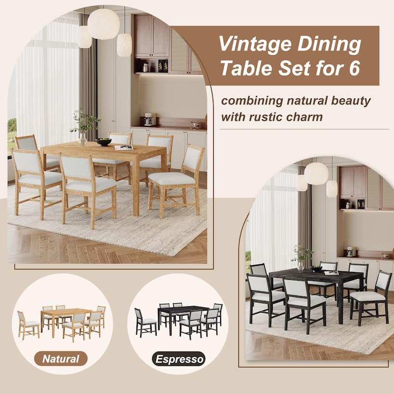 7-Piece, Retro Dining Table Set with Rectangular Wood Dining Table Set and 6 Chairs, for Dining Room and Kitchen, Natural