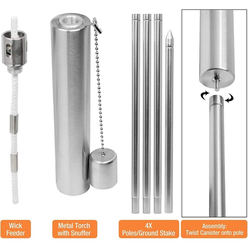 Matney Stainless Steel Torches - Includes Fiberglass Wick and Snuffer Cap, Set of 2 (11.5 oz)