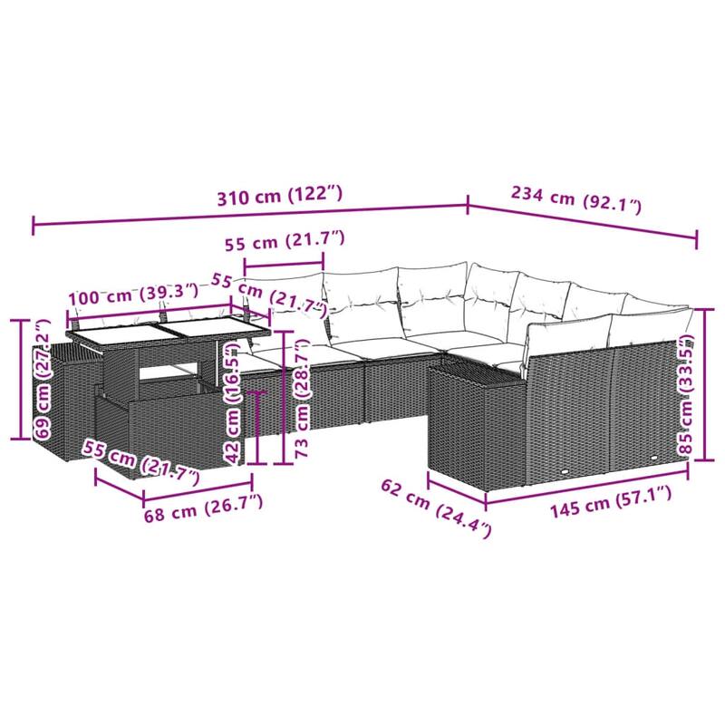 vidaXL Patio Sofa Set with Cushions Outdoor Furniture 10 Piece Poly Rattan - 21.7 x 39.4 x 28.7