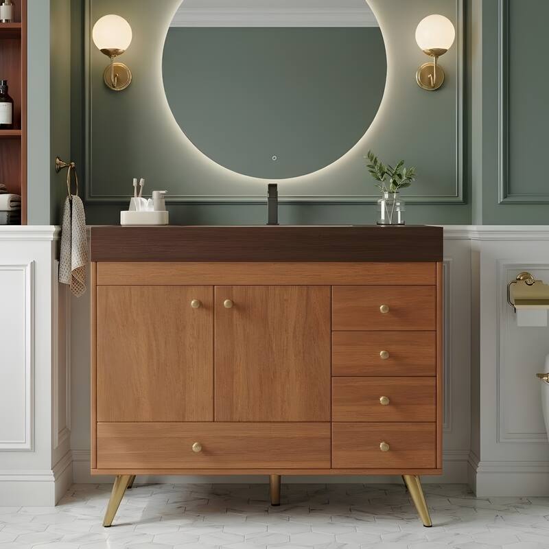 36" Freestanding Bathroom Vanity with Faux Marble Top, Ceramic Sink, 5 Drawers & Stainless Steel Legs