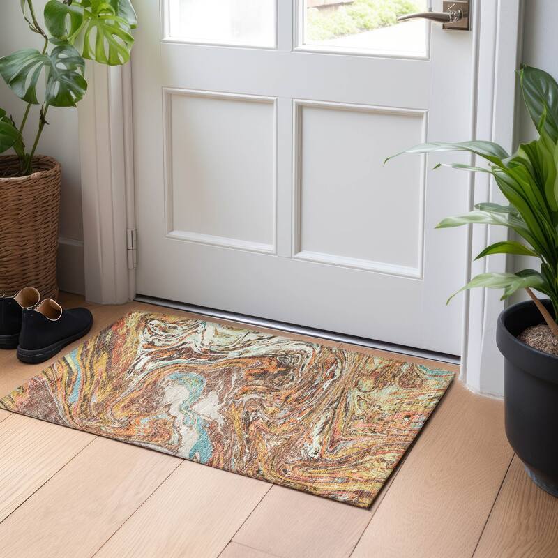 Machine Washable Indoor/ Outdoor Abstract Brushstroke Chantille Rug - Khaki - 1'8" x 2'6"