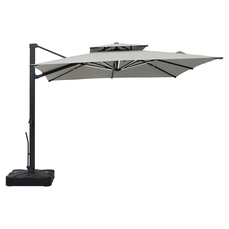 10ft Aluminum Square 2-Top Cantilever Market Umbrella with Base & Lights - Grey