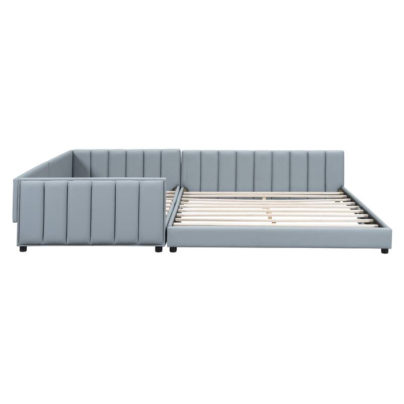 Queen & Twin XL Upholstered Platform Bed, Gray PU Leather, Mother & Child Design