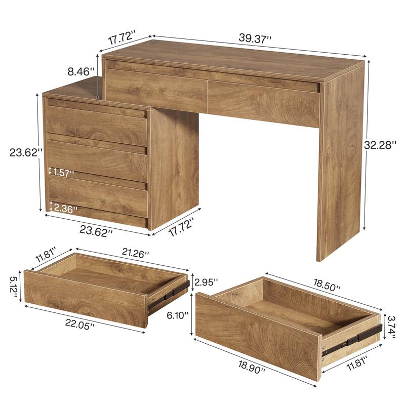 Industrial Computer Desk with 5 Drawers & File Cabinet, Rustic Wood Office Desk with Printer Stand for Small Spaces