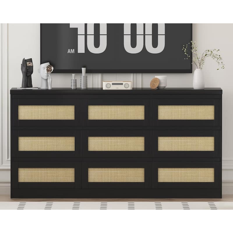 Farmhouse 9-Drawer Dresser with Rattan Accents and Built-In Charging Station, Wooden Storage Cabinet